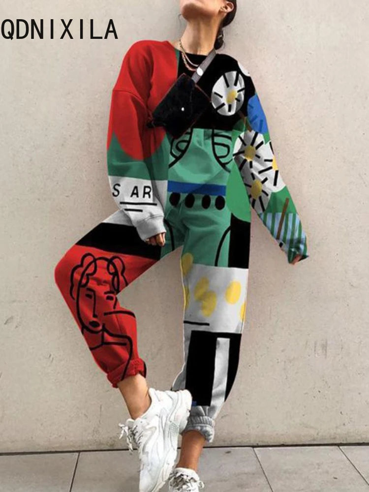 Printed  – Casual Trainingspak met Wijde Pijpen! 