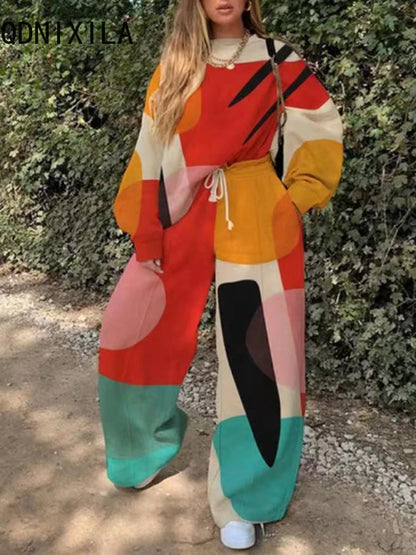 Printed  – Casual Trainingspak met Wijde Pijpen! 