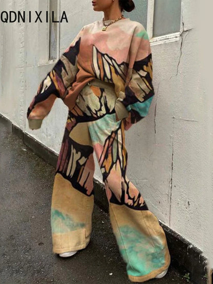 Printed  – Casual Trainingspak met Wijde Pijpen! 