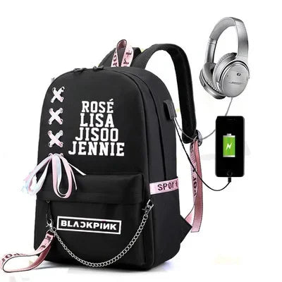 Black Pink Rugzak incl USB (waterdicht)