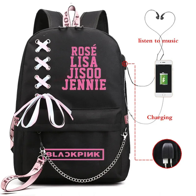 Black Pink Rugzak incl USB (waterdicht)