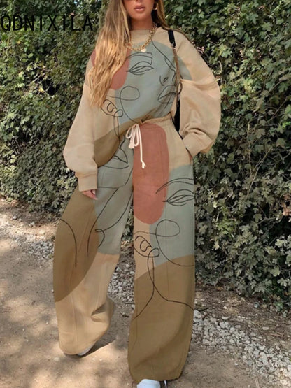 Printed  – Casual Trainingspak met Wijde Pijpen! 