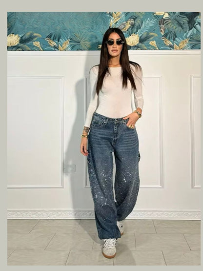 Gebroken Diamant Denim Broek – Bling & Stijl in Één!
